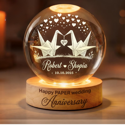 Custom Paper Wedding Anniversary Crystal Ball Led Night Light, Custom 1st Anniversary Night Light For Couple WD0843