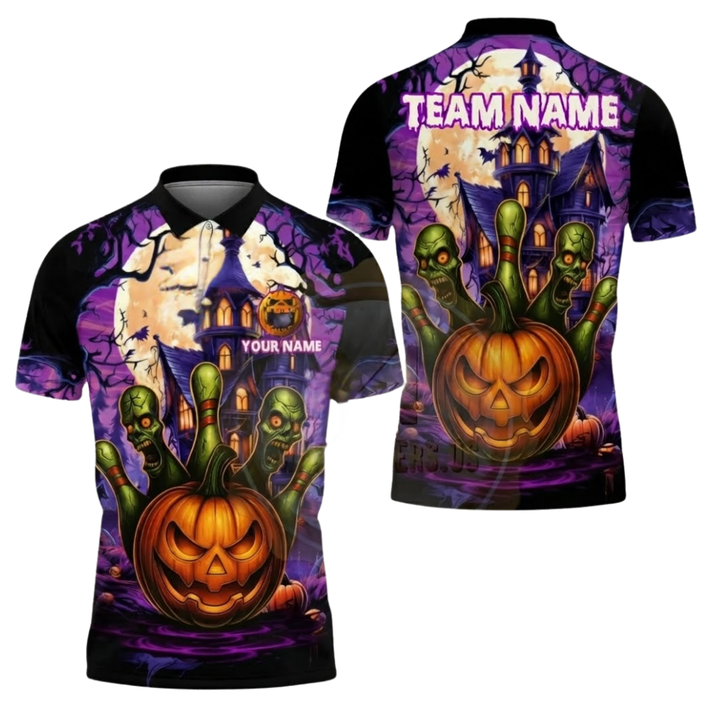 Custom Pumpkin Ball And Pins Bowling Polo Shirt For Men, Custom Team Halloween Bowling Shirt BZ0619