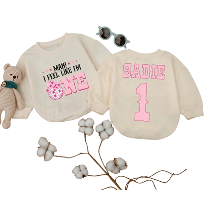 Man I Feel Like I'm One Custom Pink Cowgirl Baby Romper Sweatshirt, Custom Western First Birthday Baby Romper Sweater BB0519