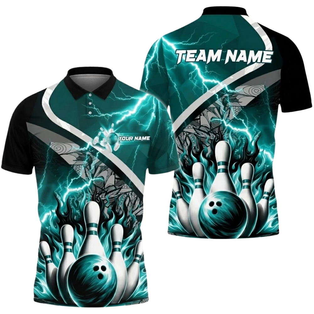 Custom Blue Thunder Flame Bowling Polo Shirt For Men, Custom Team Flame Bowling Shirts BZ0513