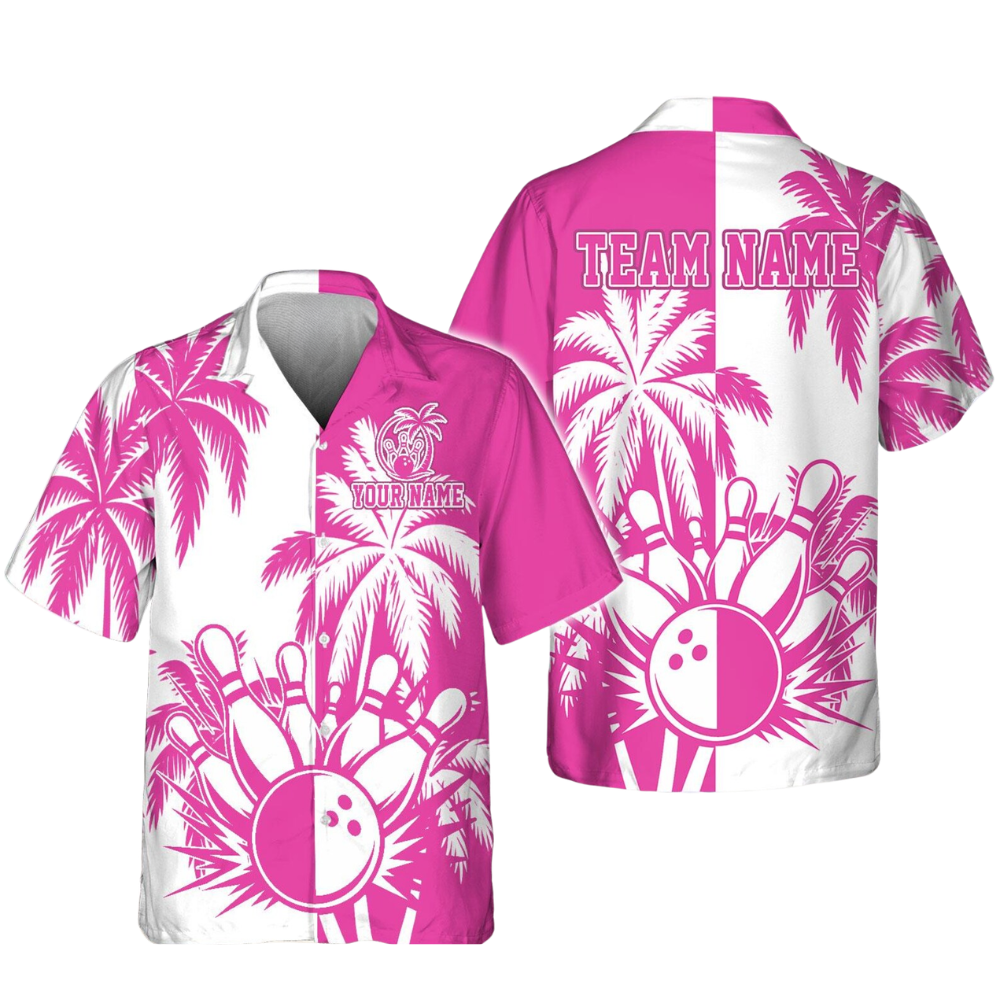 Custom Tropical Blue White Bowling Hawaiian Shirt For Men Women, Custom Tropical Bowling Team Shirts BE0188