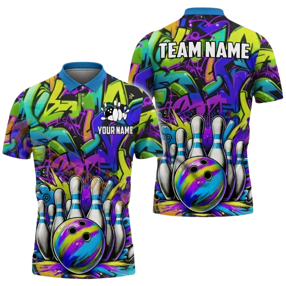 Custom Team Graffiti Multicolor Bowling Polo Shirt For Mens, Custom Bowling Team Shirts Colorfull BZ0587