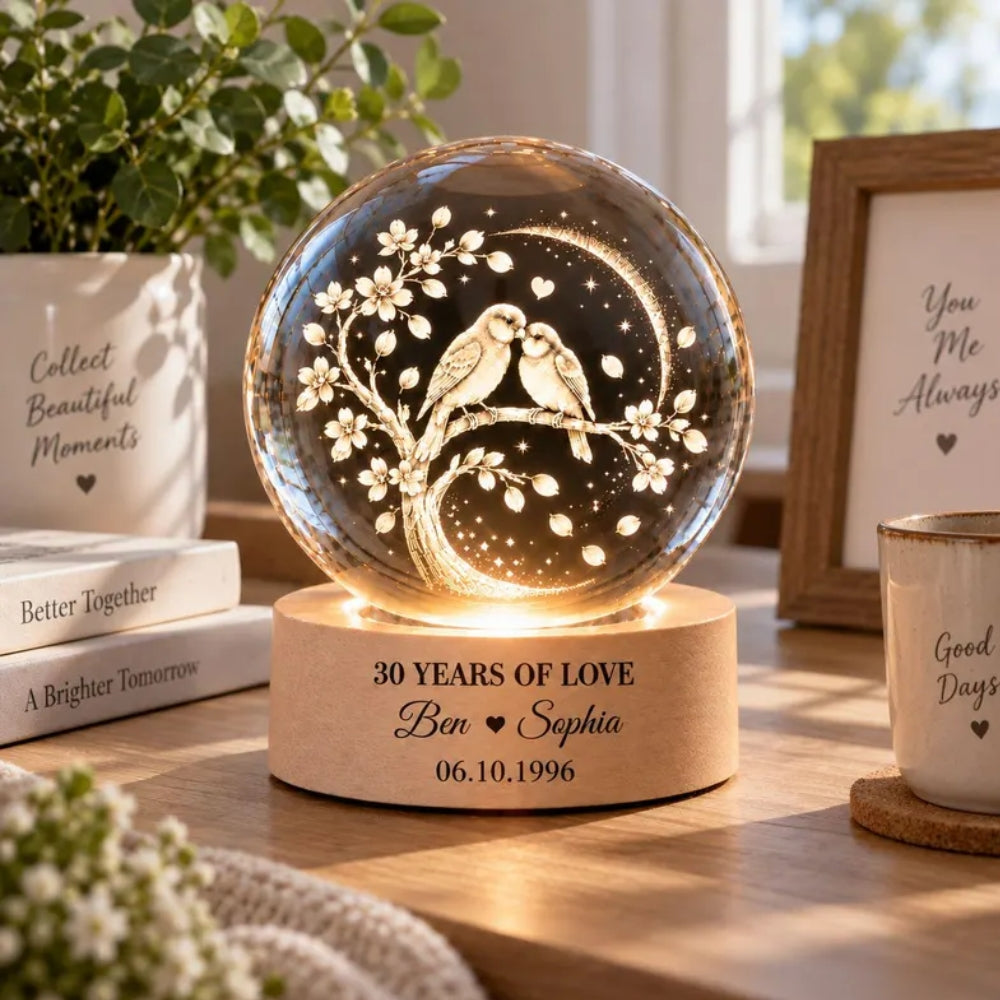 30 Years Of Love Custom Tree Birds Couple Crystal Ball Led Night Light, Custom 30th Wedding Anniversary Night Light WD0838