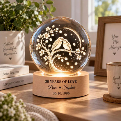 30 Years Of Love Custom Tree Birds Couple Crystal Ball Led Night Light, Custom 30th Wedding Anniversary Night Light WD0838