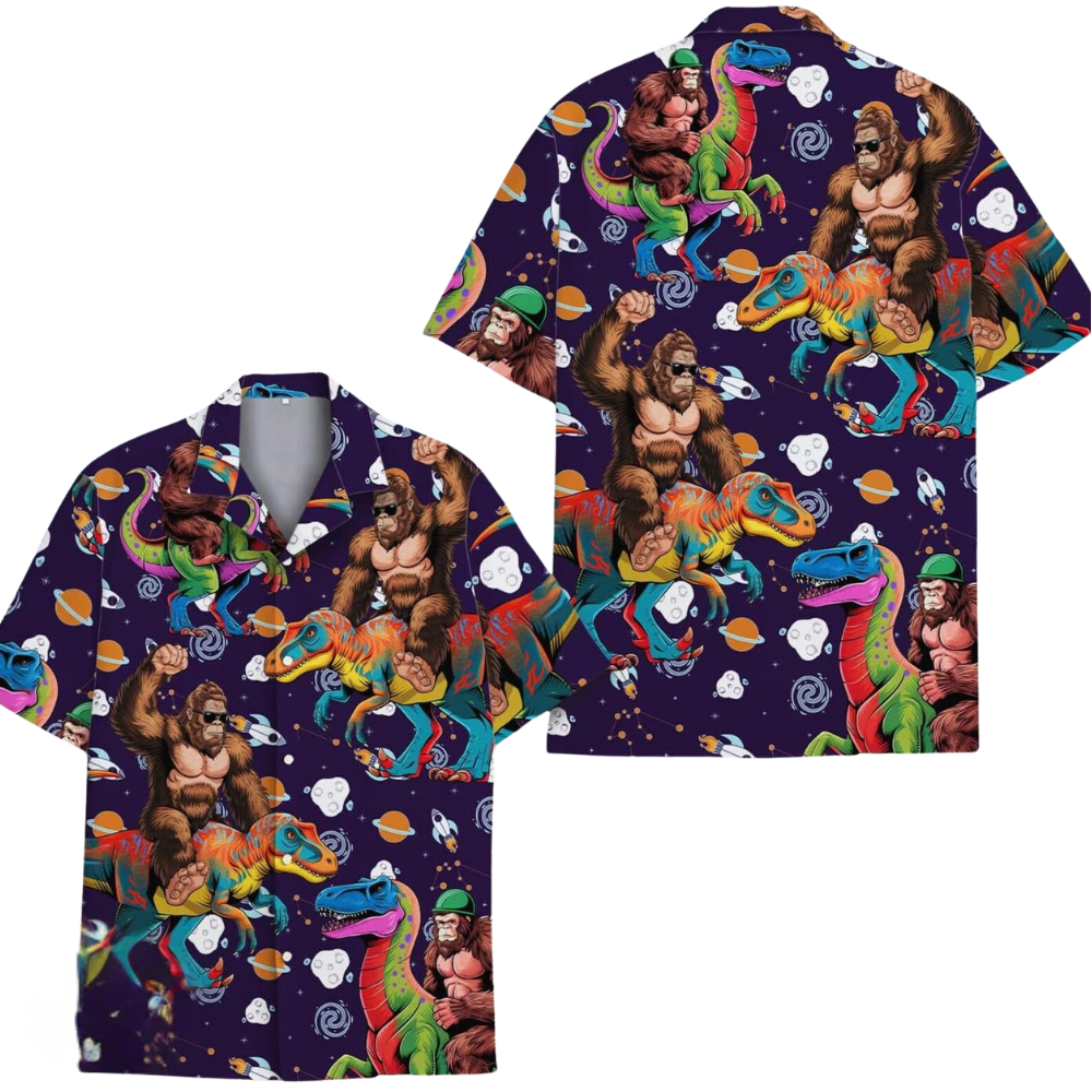 Bigfoot Riding Dinosaur Hawaiian Shirt For Men, Bigfoot Hawaiian Shirts HE0557