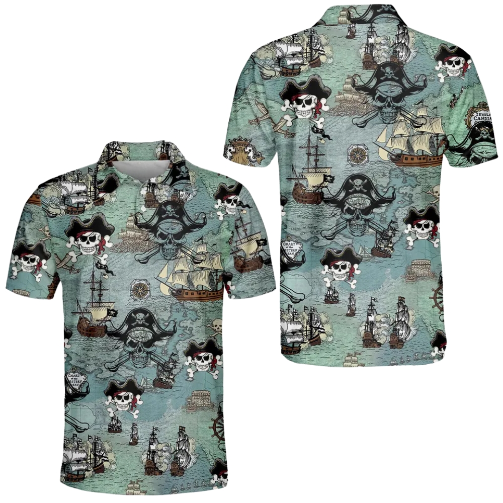 Men's Skull Pirate Golf Polo Shirt, Skull Nautical Golf Shirts GE0500