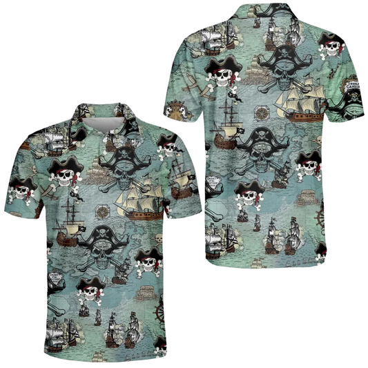 Men's Skull Pirate Golf Polo Shirt, Skull Nautical Golf Shirts GE0500