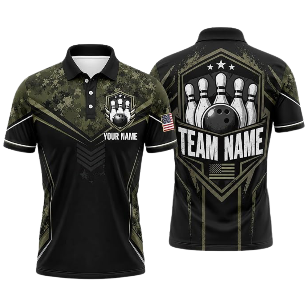 Green Camo Custom Bowling Polo Shirt For Men, Custom Camo Bowling Team Shirts BZ0941