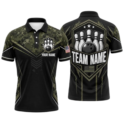 Green Camo Custom Bowling Polo Shirt For Men, Custom Camo Bowling Team Shirts BZ0941