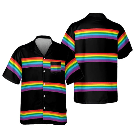Rainbow Flag Black Hawaiian Shirt For Men And Women, LGBTQ Pride Month Hawaiian Shirt With Pocket HE0403