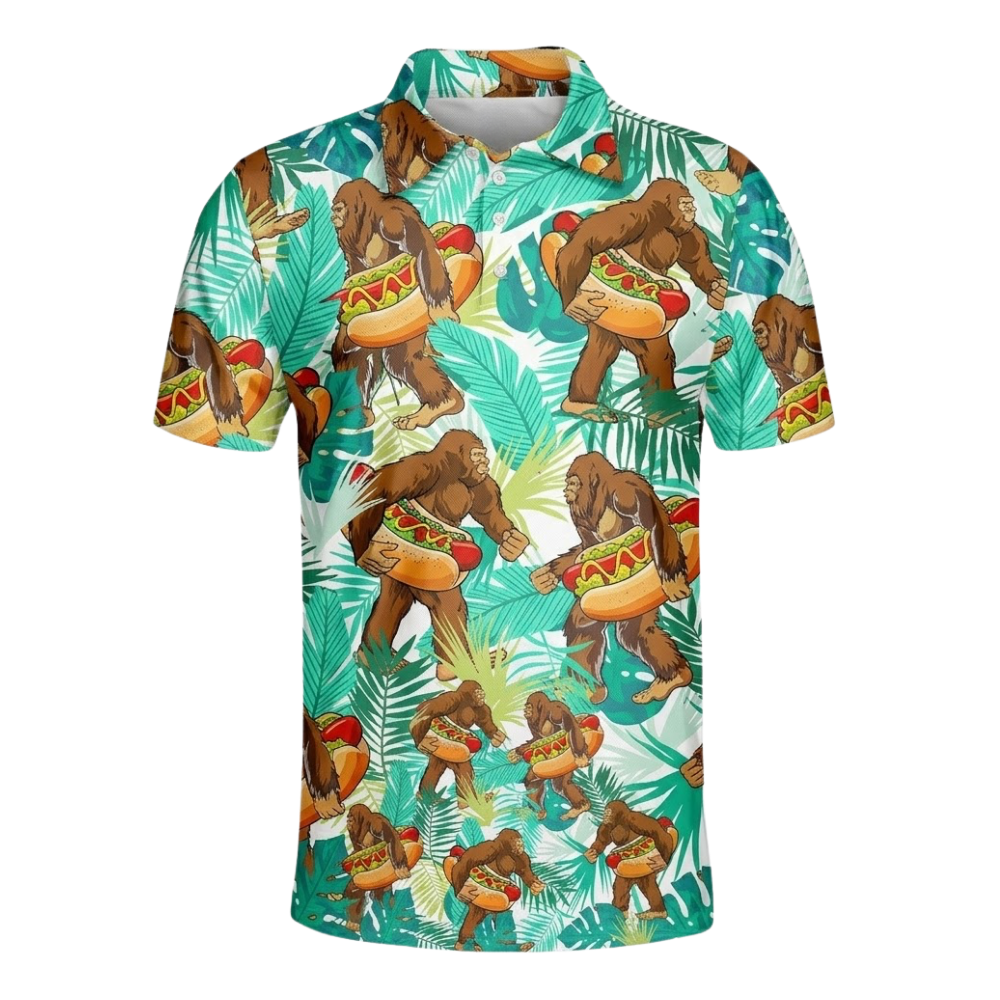 Tropical Bigfoot Hot Dog Golf Mens Polo Shirt, Sasquatch Golf Shirts GE0580