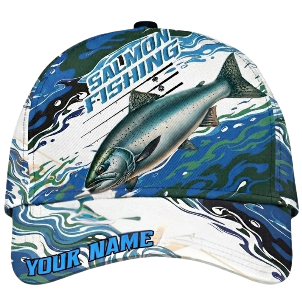 Salmon Fish Custom Blue White Baseball Cap 3D Printed, Custom Salmon Fishing Hat CP0606