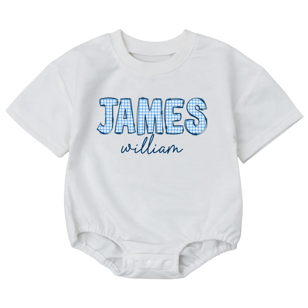 Custom Gingham Name Baby Boys T Shirt Romper, Custom Baby Romper With Name BB0040