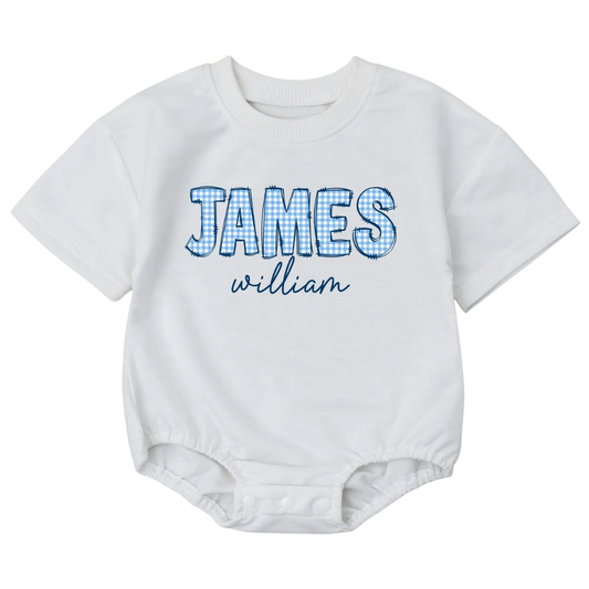 Custom Gingham Name Baby Boys T Shirt Romper, Custom Baby Romper With Name BB0040