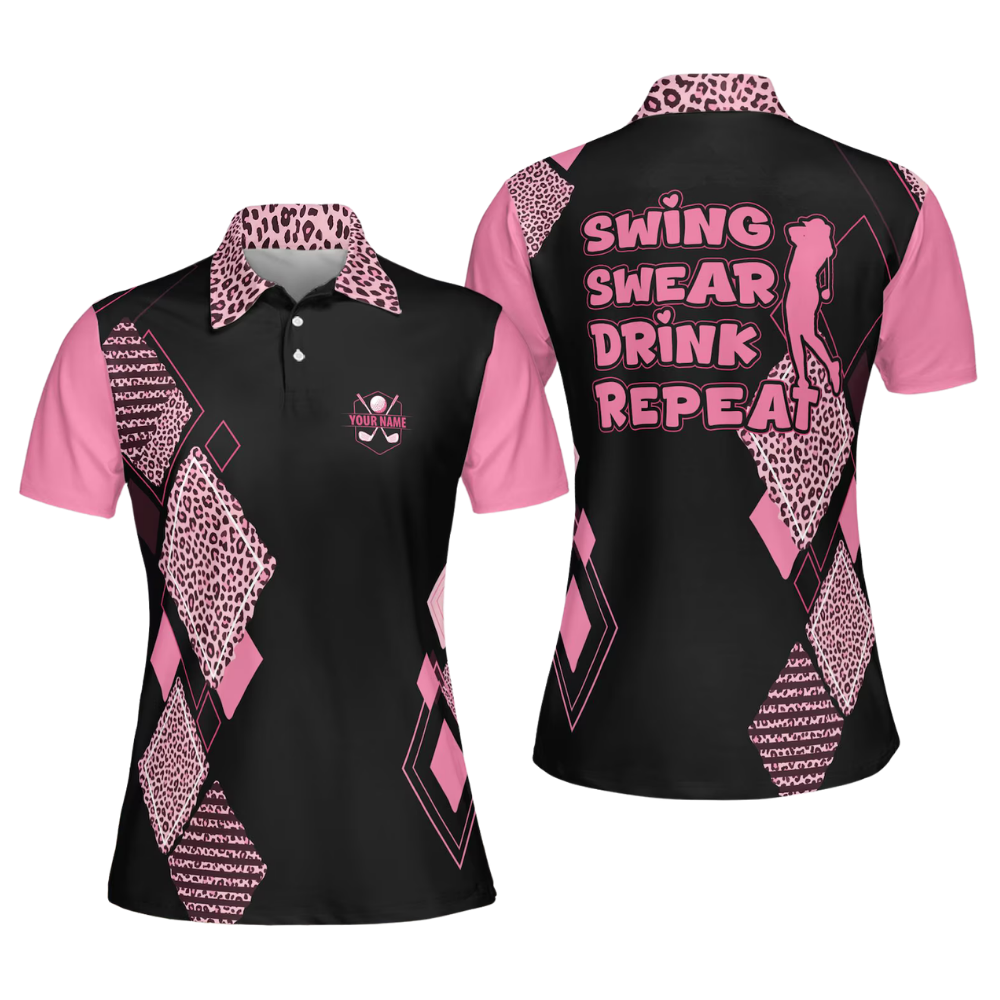 Swing Swear Drink Repeat Custom Leopard Black Pink Golf Polo Shirt Ladies, Custom Funny Golf Shirt For Women GE0601