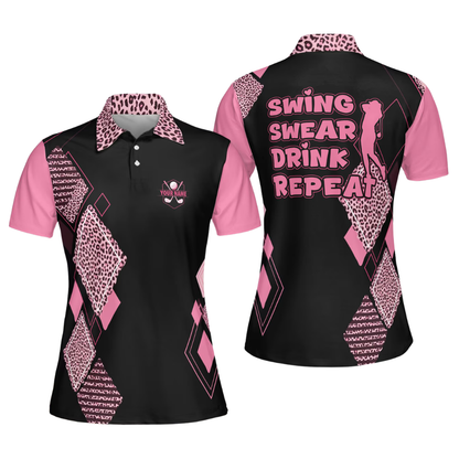 Swing Swear Drink Repeat Custom Leopard Black Pink Golf Polo Shirt Ladies, Custom Funny Golf Shirt For Women GE0601