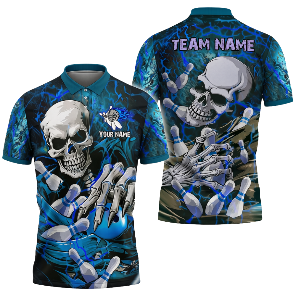 Custom Mens Skull Bowling Polo Shirt Blue, Custom Skull Bowling Team Shirts BZ0717