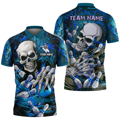 Custom Mens Skull Bowling Polo Shirt Blue, Custom Skull Bowling Team Shirts BZ0717