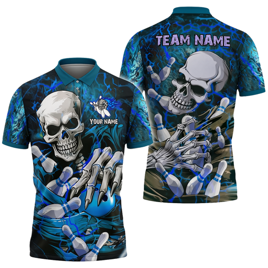 Custom Mens Skull Bowling Polo Shirt Blue, Custom Skull Bowling Team Shirts BZ0717