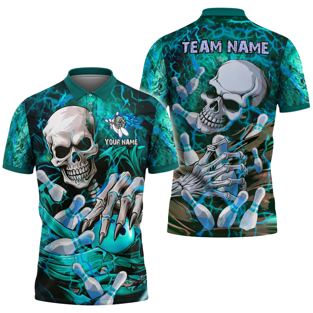 Custom Mens Skull Bowling Polo Shirt Blue, Custom Skull Bowling Team Shirts BZ0717