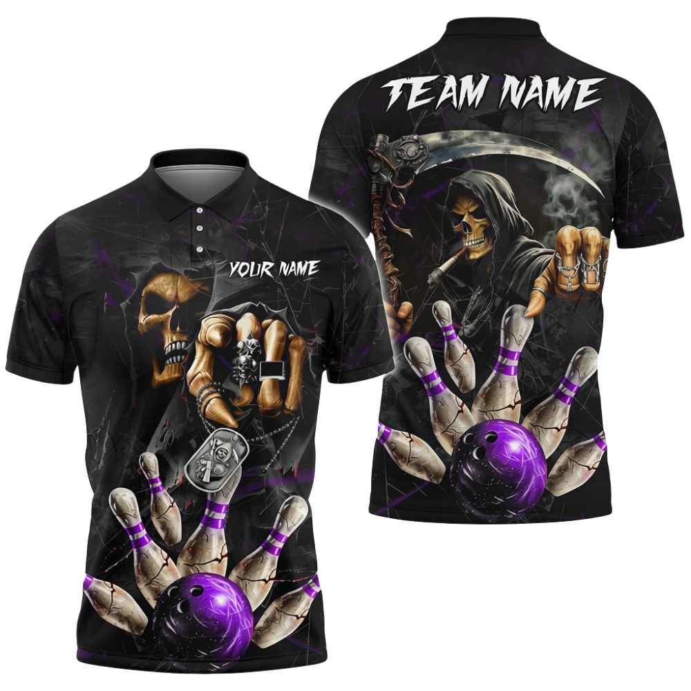 Custom Reaper Skeleton Smoke Bowling Polo Shirt Mens, Custom Skull Bowling Shirt For Team BZ0719