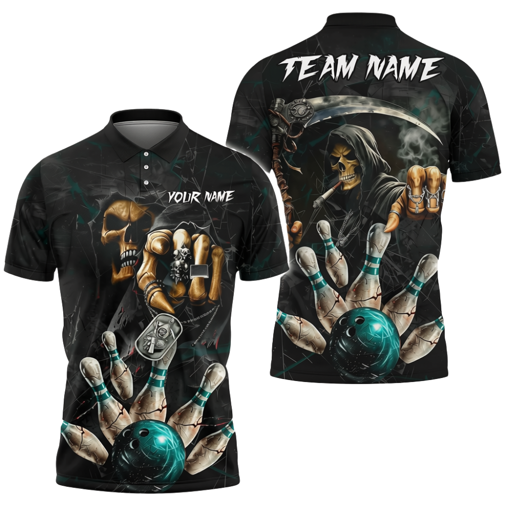 Custom Reaper Skeleton Smoke Bowling Polo Shirt Mens, Custom Skull Bowling Shirt For Team BZ0719