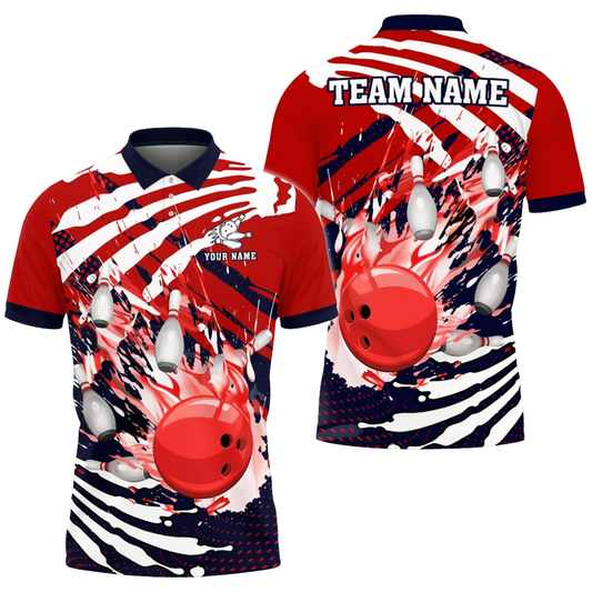 Men's Custom Team Red Black White Bowling Polo Shirt, Custom Bowling Team Shirt BZ0720