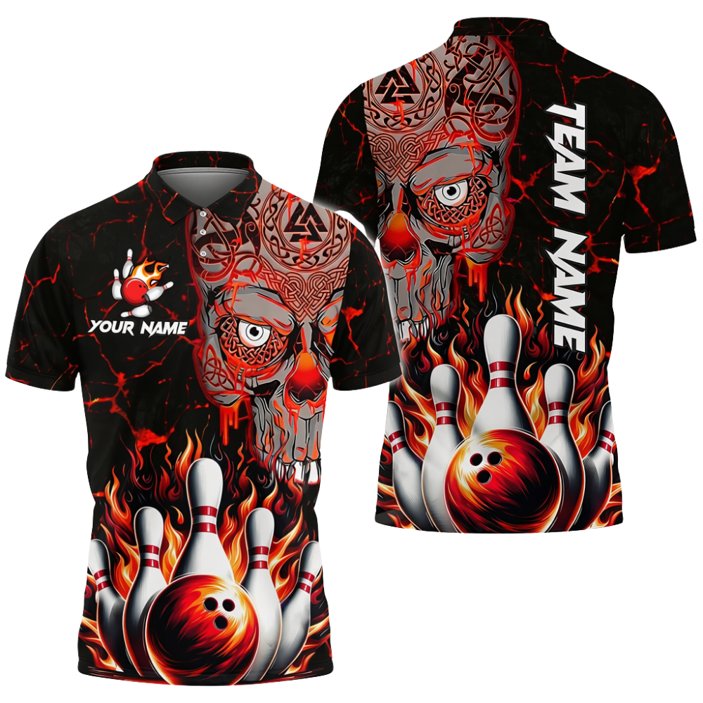Custom Skeleton Viking Bowling Mens Polo Shirt, Custom Skull Red Bowling Team Shirts BZ0721