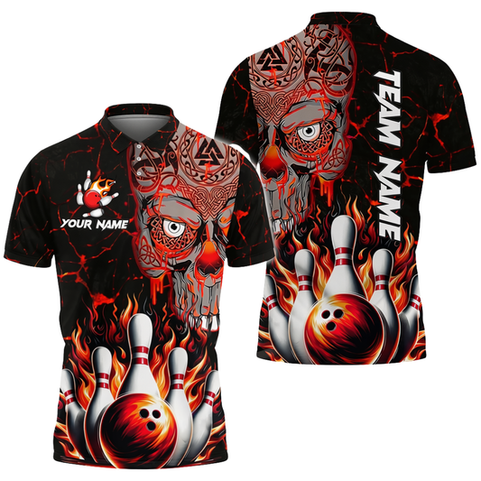 Custom Skeleton Viking Bowling Mens Polo Shirt, Custom Skull Red Bowling Team Shirts BZ0721