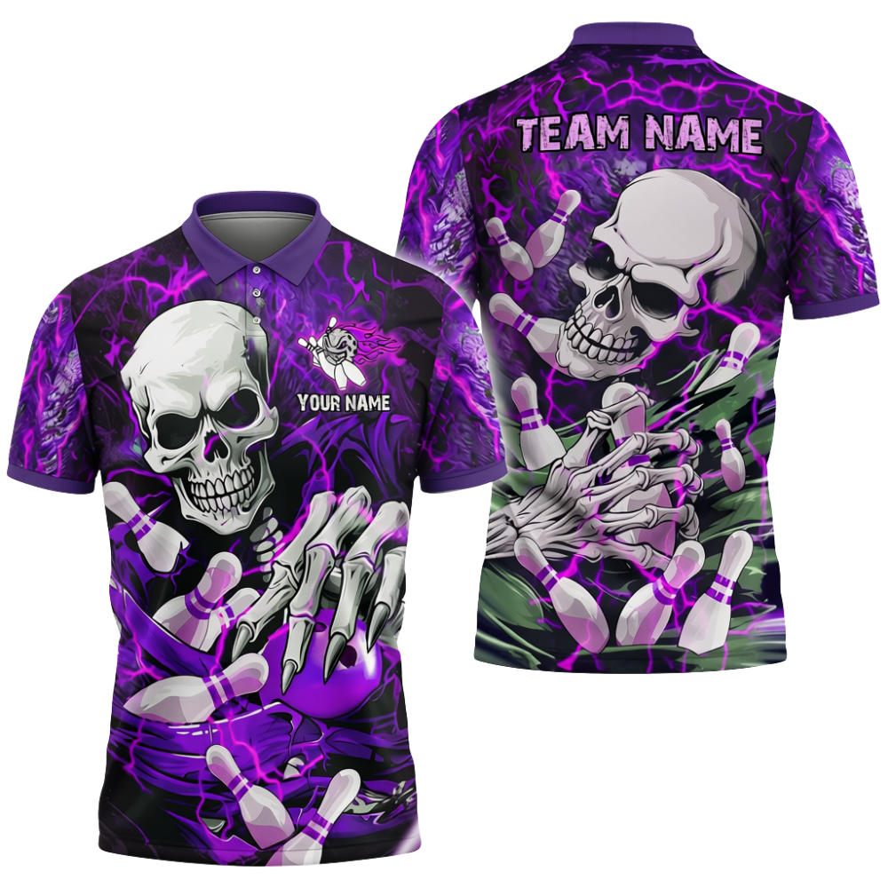 Custom Mens Skull Bowling Polo Shirt Blue, Custom Skull Bowling Team Shirts BZ0717