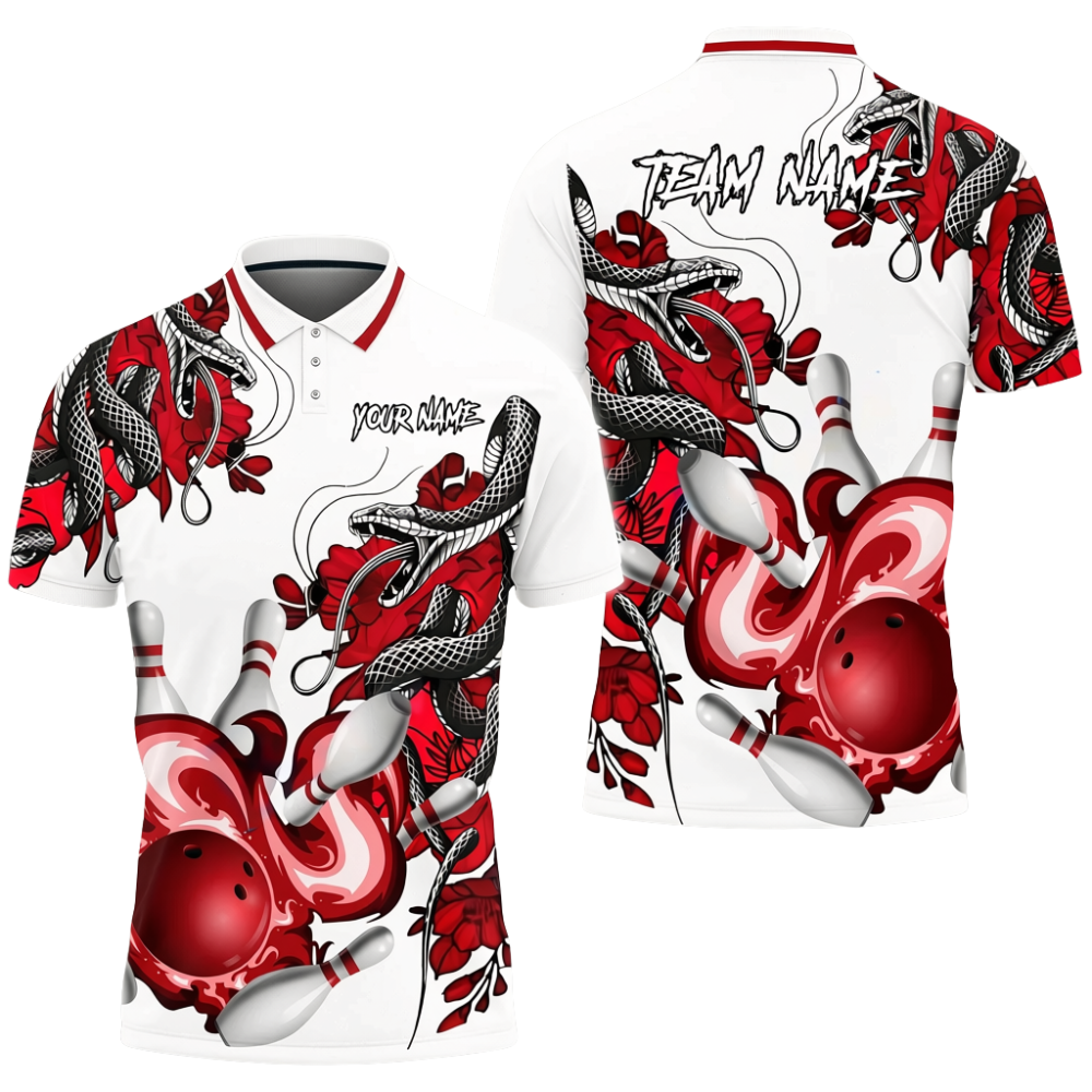 Custom Snake Red White Bowling Mens Polo Shirt, Custom Snake Bowling Team Shirts BZ0724