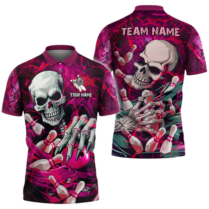 Custom Mens Skull Bowling Polo Shirt Blue, Custom Skull Bowling Team Shirts BZ0717