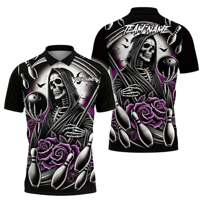 Custom Skull And Rose Purple Bowling Polo Shirt, Custom Skull Bowling Shirts Team BZ0718