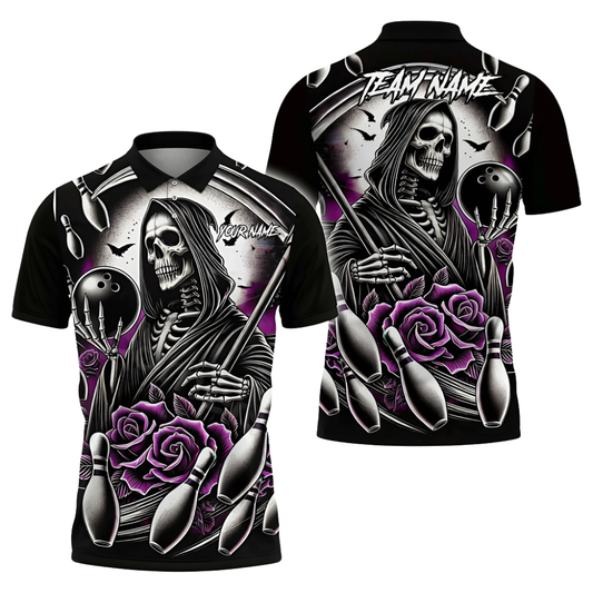 Custom Skull And Rose Purple Bowling Polo Shirt, Custom Skull Bowling Shirts Team BZ0718
