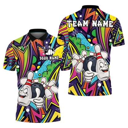 Funny Pins And Ball Custom Graffiti Mens Bowling Polo Shirt, Custom Team Bowling Shirts BZ0728