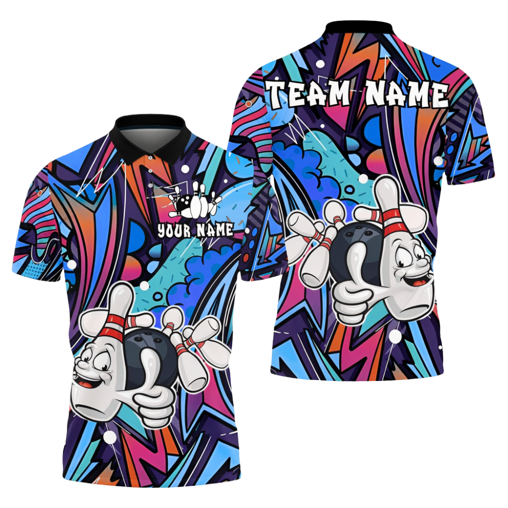 Funny Pins And Ball Custom Graffiti Mens Bowling Polo Shirt, Custom Team Bowling Shirts BZ0728