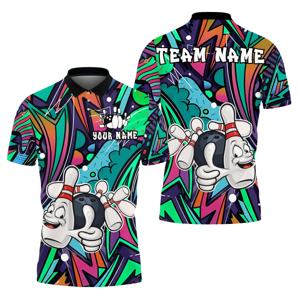Funny Pins And Ball Custom Graffiti Mens Bowling Polo Shirt, Custom Team Bowling Shirts BZ0728