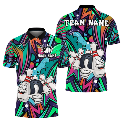 Funny Pins And Ball Custom Graffiti Mens Bowling Polo Shirt, Custom Team Bowling Shirts BZ0728