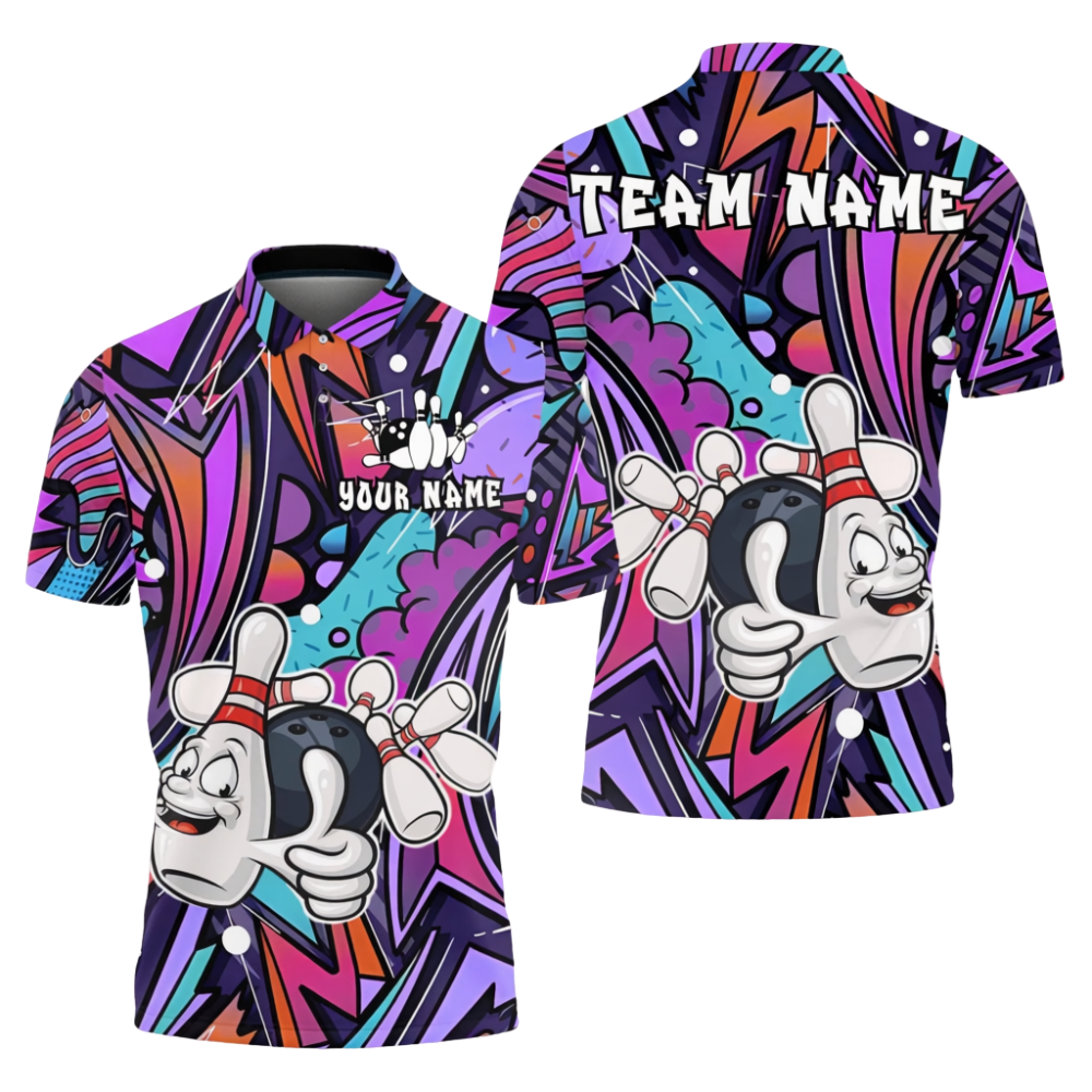 Funny Pins And Ball Custom Graffiti Mens Bowling Polo Shirt, Custom Team Bowling Shirts BZ0728