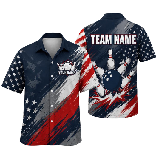 Custom American Flag Grunge Bowling Hawaiian Shirt Men, Custom Patriotic Bowling Team Shirts BE0214
