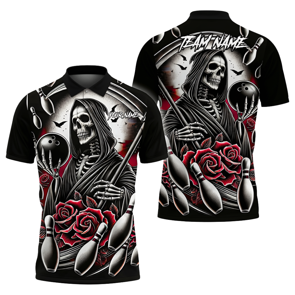 Custom Skull And Rose Purple Bowling Polo Shirt, Custom Skull Bowling Shirts Team BZ0718
