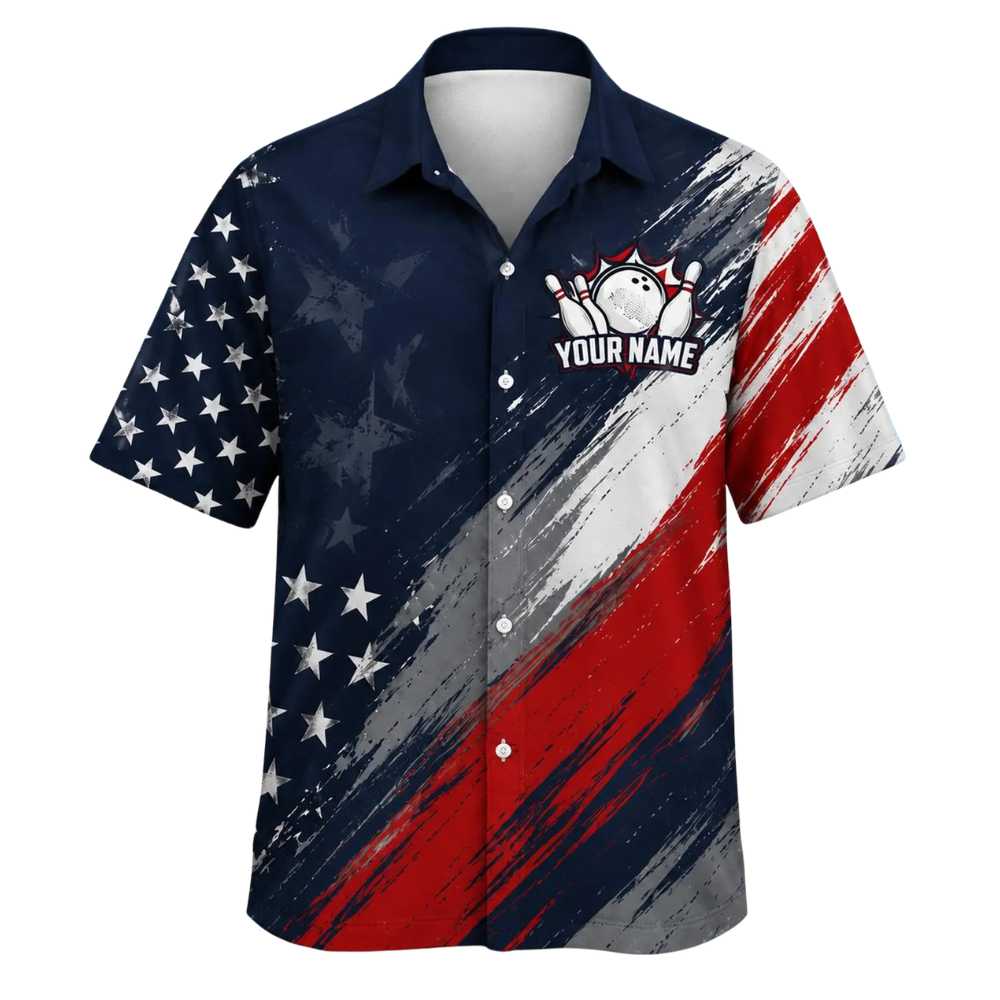 Custom American Flag Grunge Bowling Hawaiian Shirt Men, Custom Patriotic Bowling Team Shirts BE0214