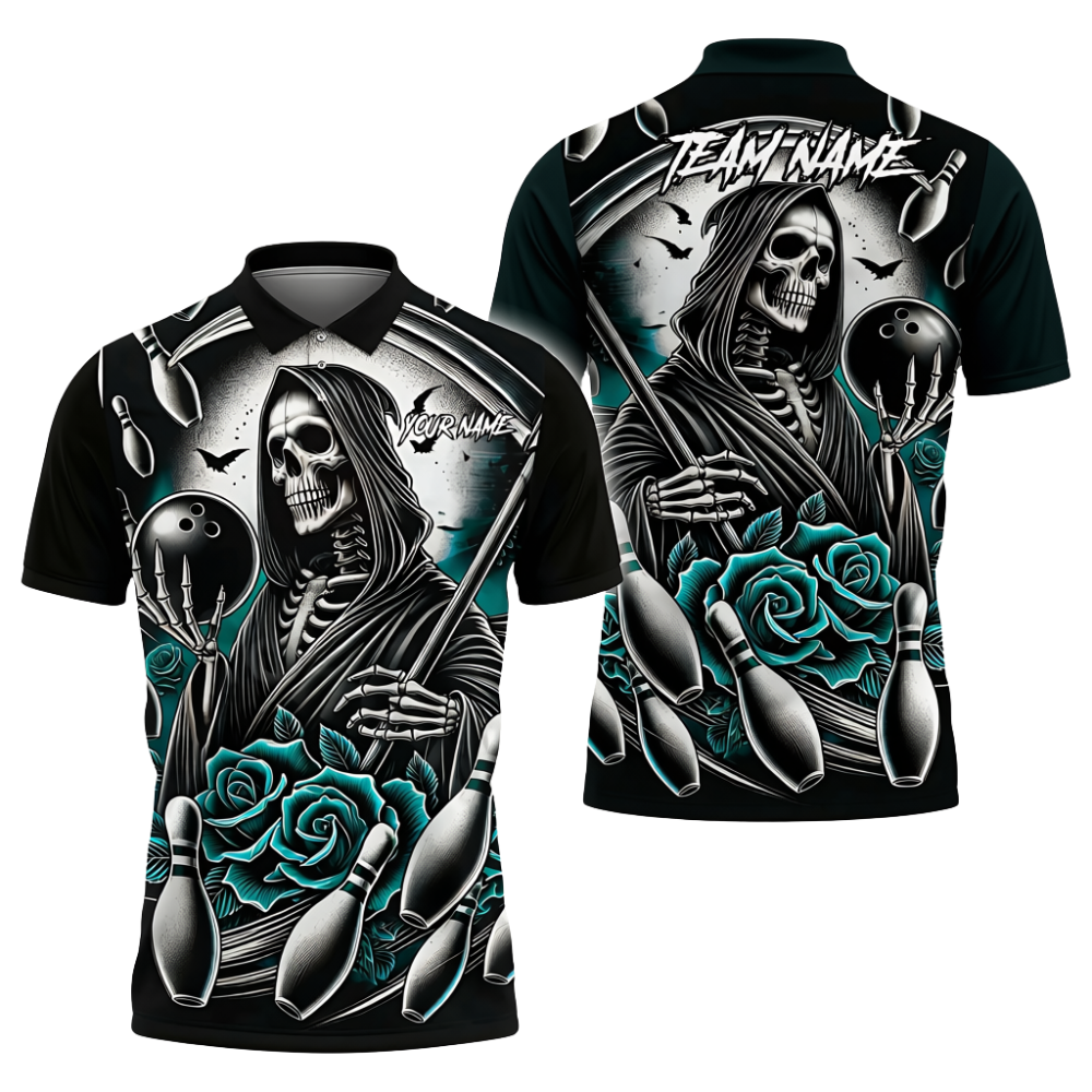 Custom Skull And Rose Purple Bowling Polo Shirt, Custom Skull Bowling Shirts Team BZ0718