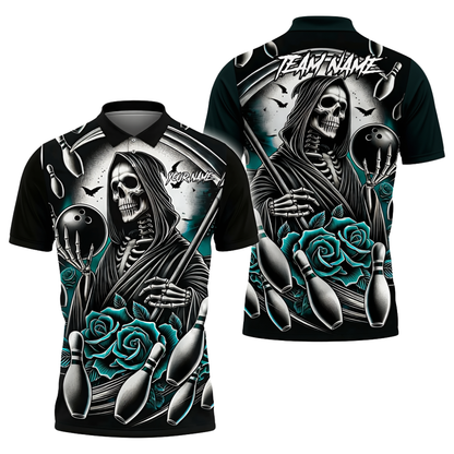 Custom Skull And Rose Purple Bowling Polo Shirt, Custom Skull Bowling Shirts Team BZ0718