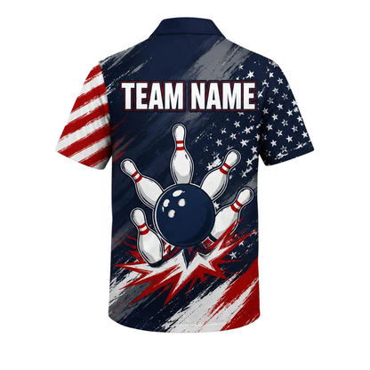 Custom American Flag Grunge Bowling Hawaiian Shirt Men, Custom Patriotic Bowling Team Shirts BE0214