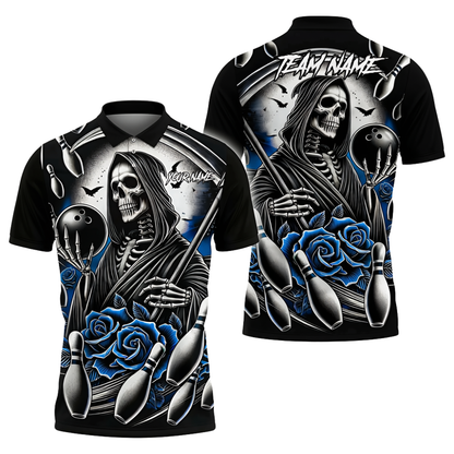 Custom Skull And Rose Purple Bowling Polo Shirt, Custom Skull Bowling Shirts Team BZ0718