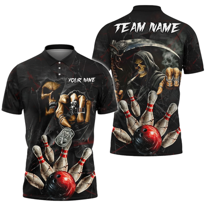 Custom Reaper Skeleton Smoke Bowling Polo Shirt Mens, Custom Skull Bowling Shirt For Team BZ0719