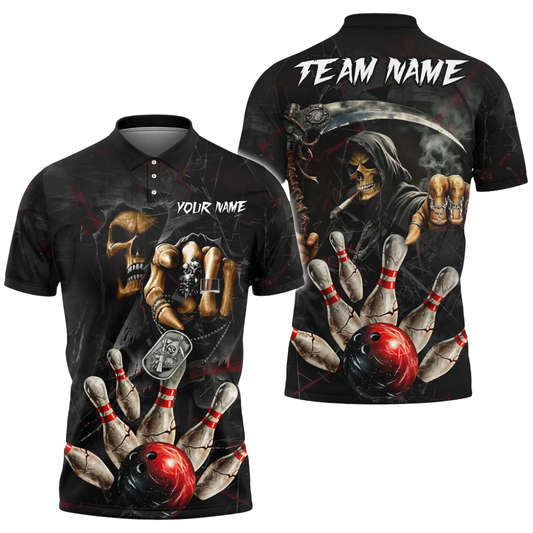 Custom Reaper Skeleton Smoke Bowling Polo Shirt Mens, Custom Skull Bowling Shirt For Team BZ0719