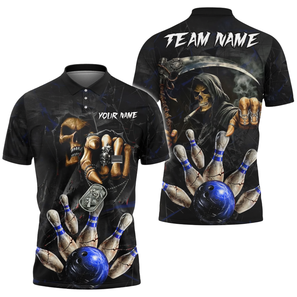 Custom Reaper Skeleton Smoke Bowling Polo Shirt Mens, Custom Skull Bowling Shirt For Team BZ0719