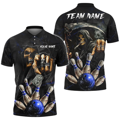Custom Reaper Skeleton Smoke Bowling Polo Shirt Mens, Custom Skull Bowling Shirt For Team BZ0719